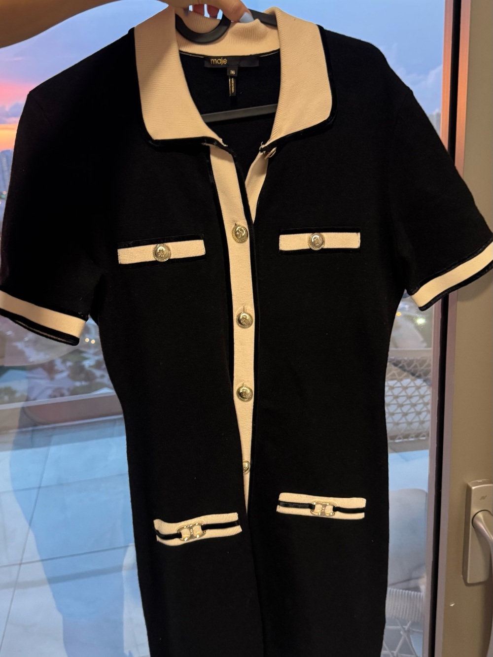 Maje Black and Cream Short-Sleeve Knit Blazer Jacket